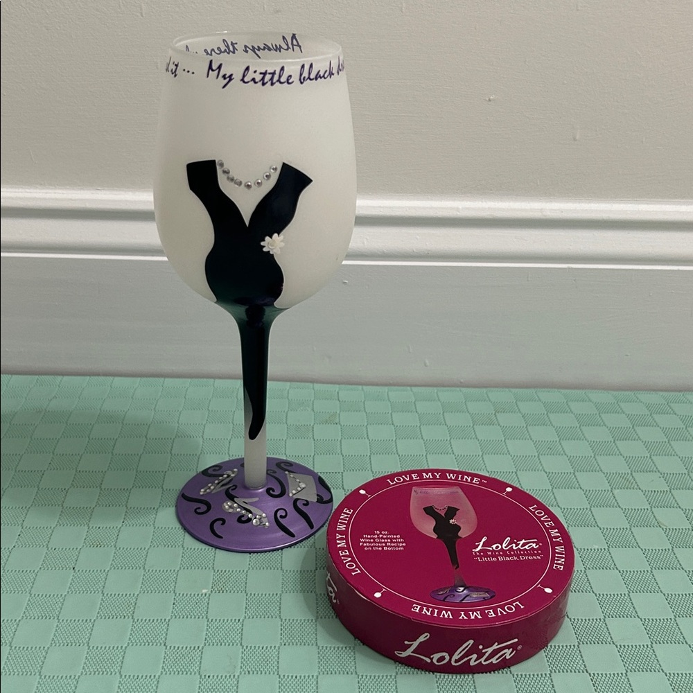 Lolita “Little Black Dress”, 15 Oz. Hand-Painted Wine Glass, Recipe on Bottom